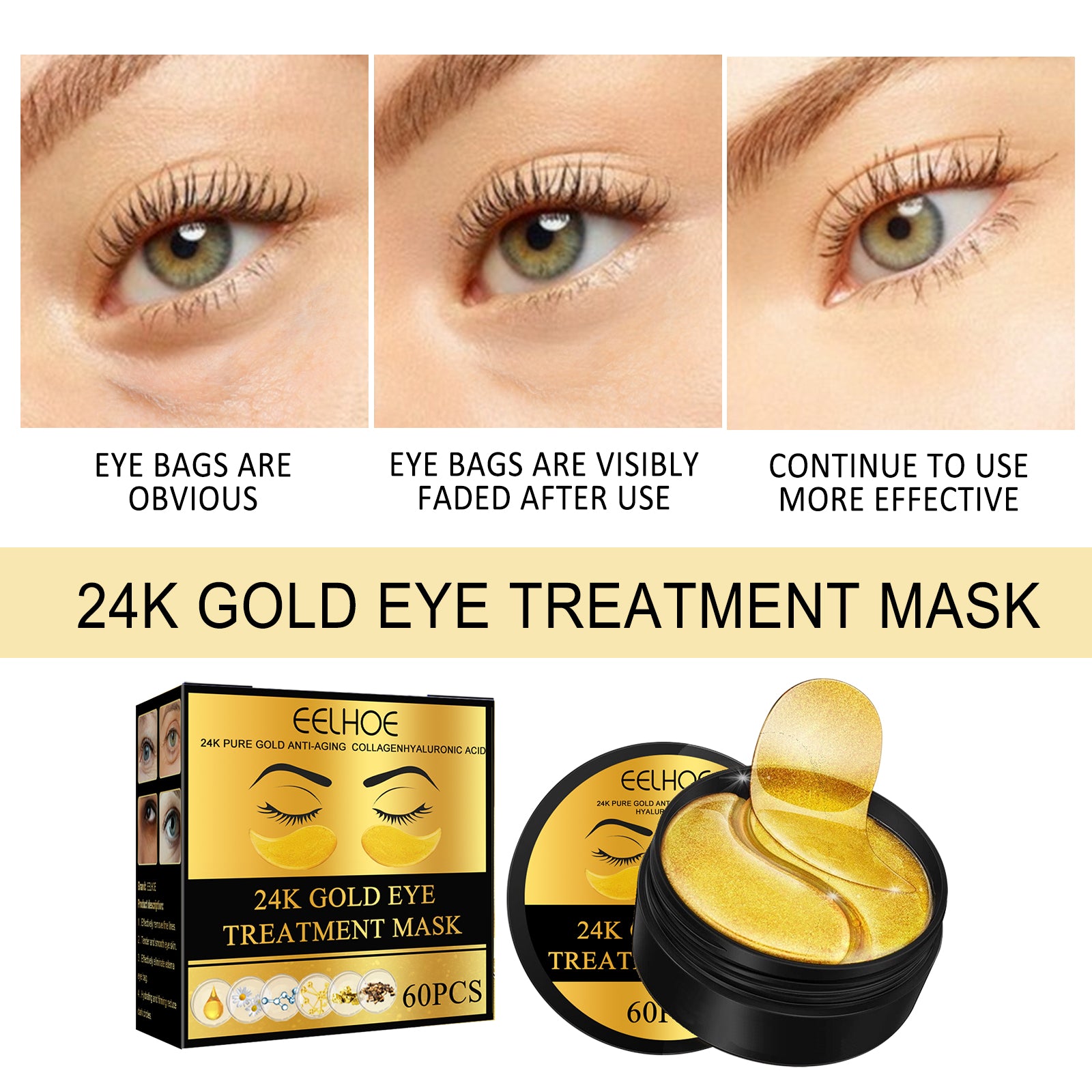 EELHOE 24K Gold Eye Mask Firming Eye Bags and Fine Lines Eye Care Hydrating and Moisturizing Eye Mask